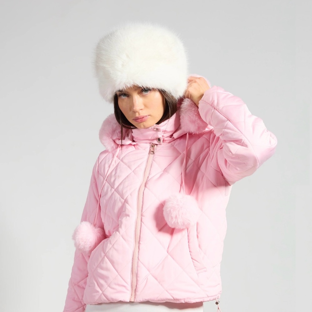 Pink Quilted Women's Jacket with Fur Trim